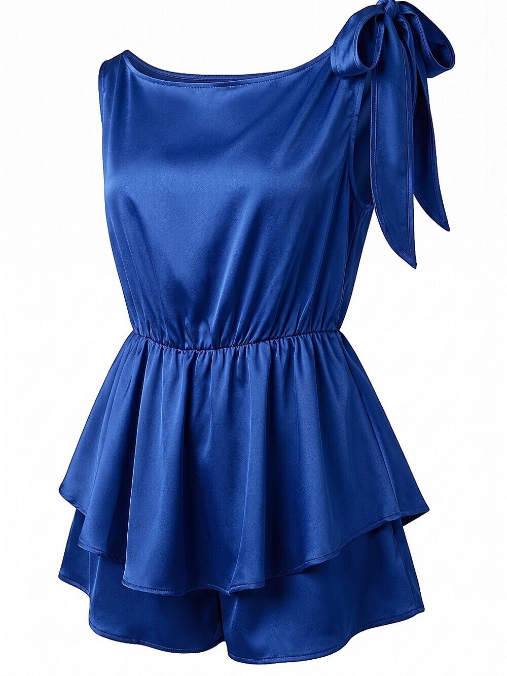 NWT! Zaxxy Royal Blue Satin One-Shoulder Romper with Bow